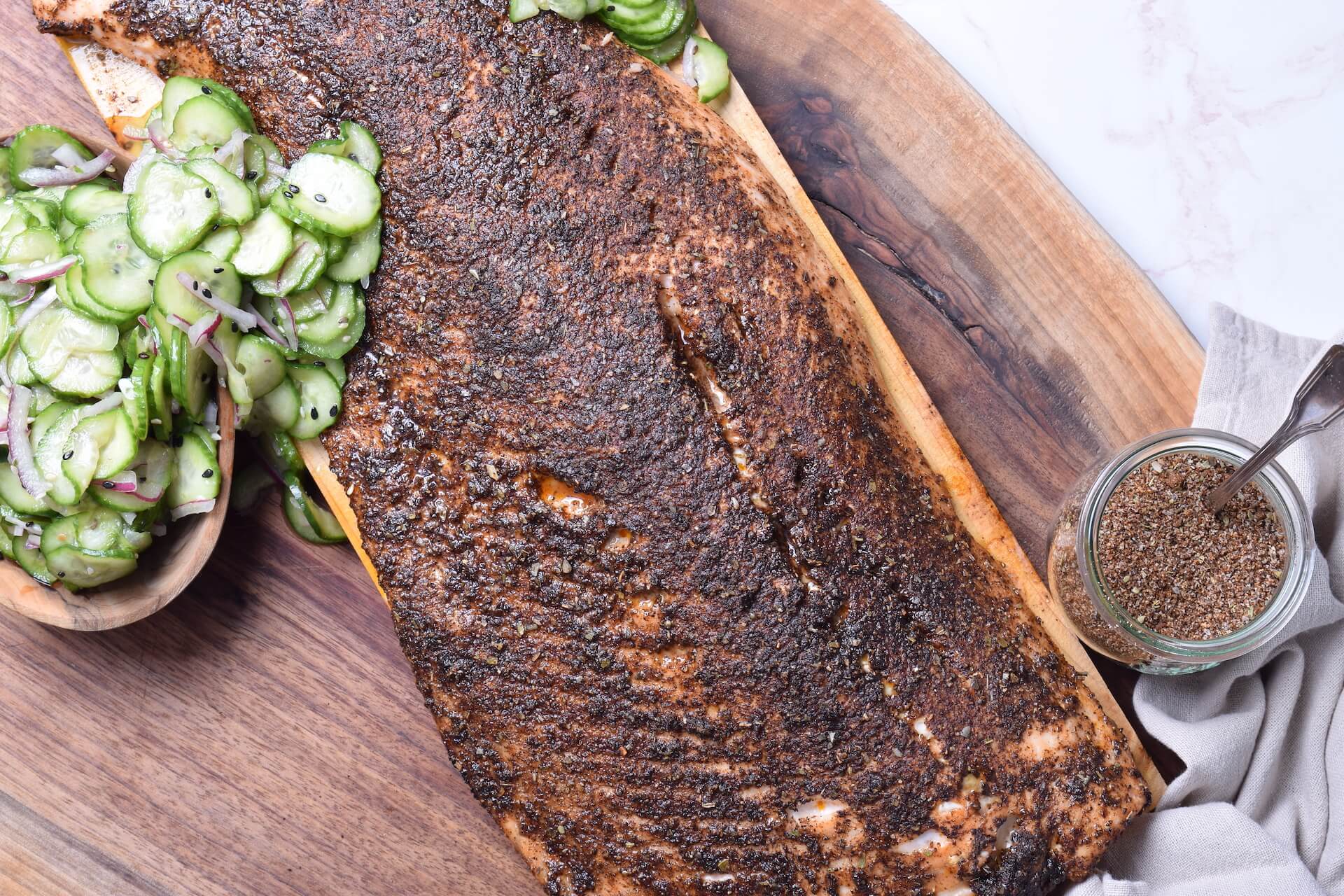Cedar Plank Blackened Salmon with Pickled Cucumbers - fish recipe by Carolyn Cohen