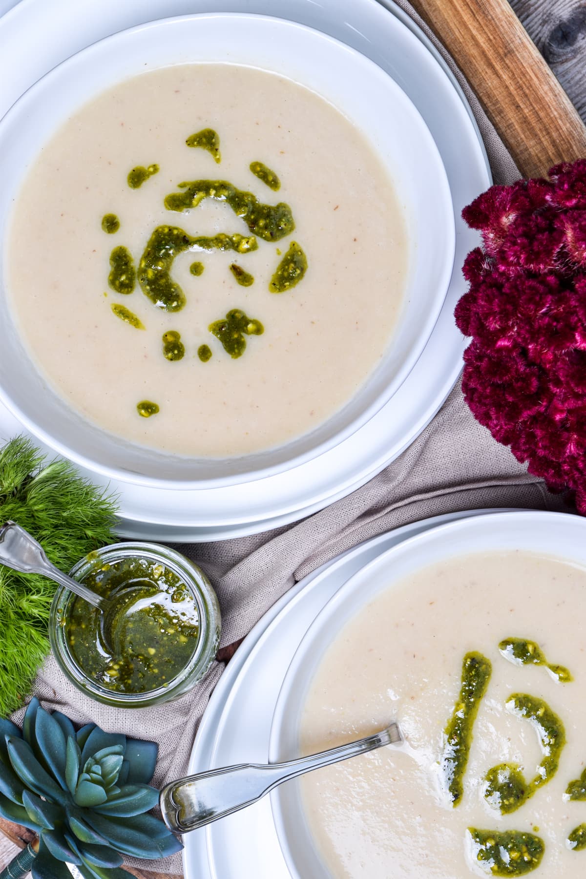 Fennel and Celeriac Soup with Pistachio Chive Oil - soup recipe by Carolyn Cohen