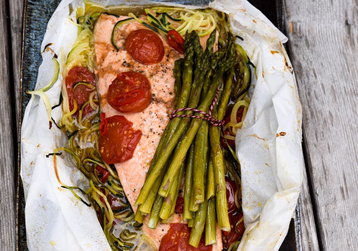 Trout in Parchment with Tomato, Asparagus and Zucchini - recipe by Carolyn Cohen