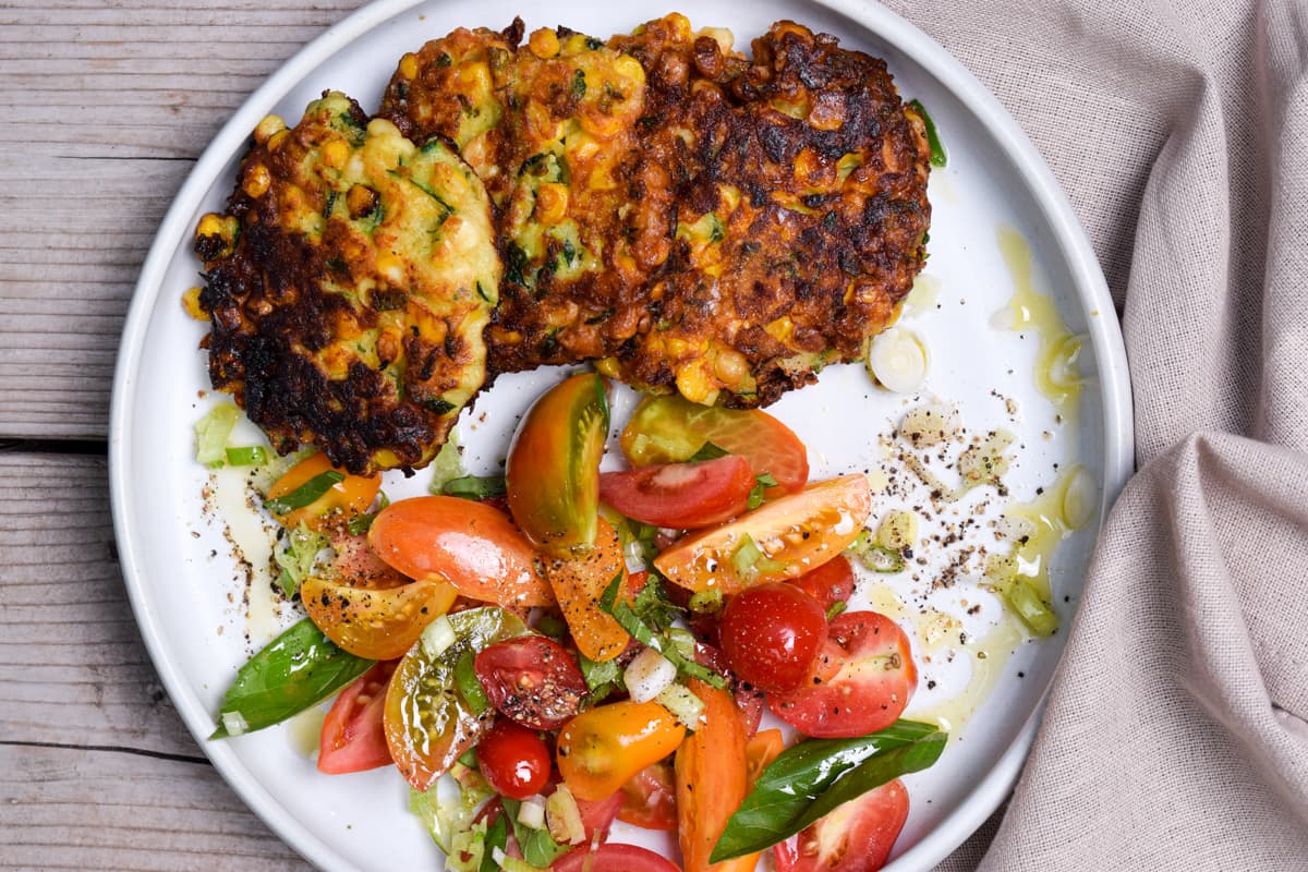 Zucchini Pea Fritters with Crushed Tomato Harissa, Tahini and - recipe by Carolyn Cohen