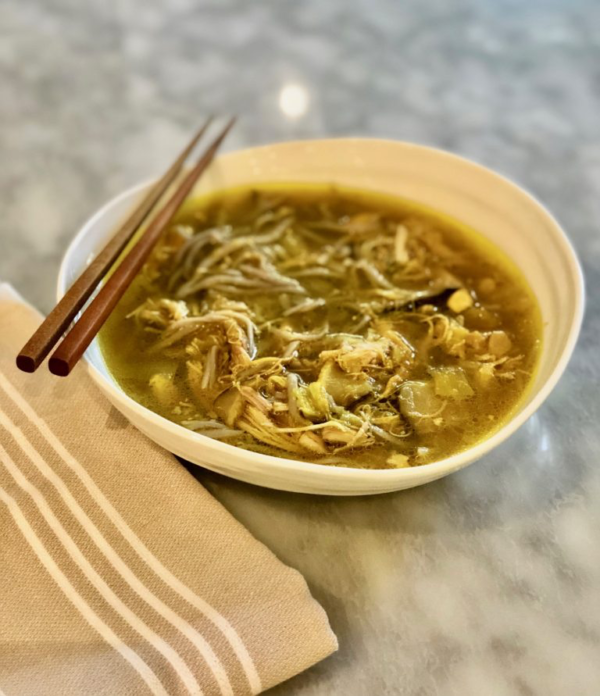 Gut Healing Bone Broth Chicken Soup with Ginger, Turmeric a nd Soba Delicious Dish