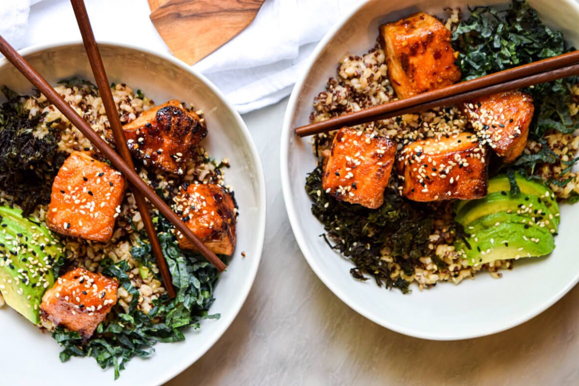 Crunchy Brown Rice Salmon Bowls with Herbed Tahini Dressing